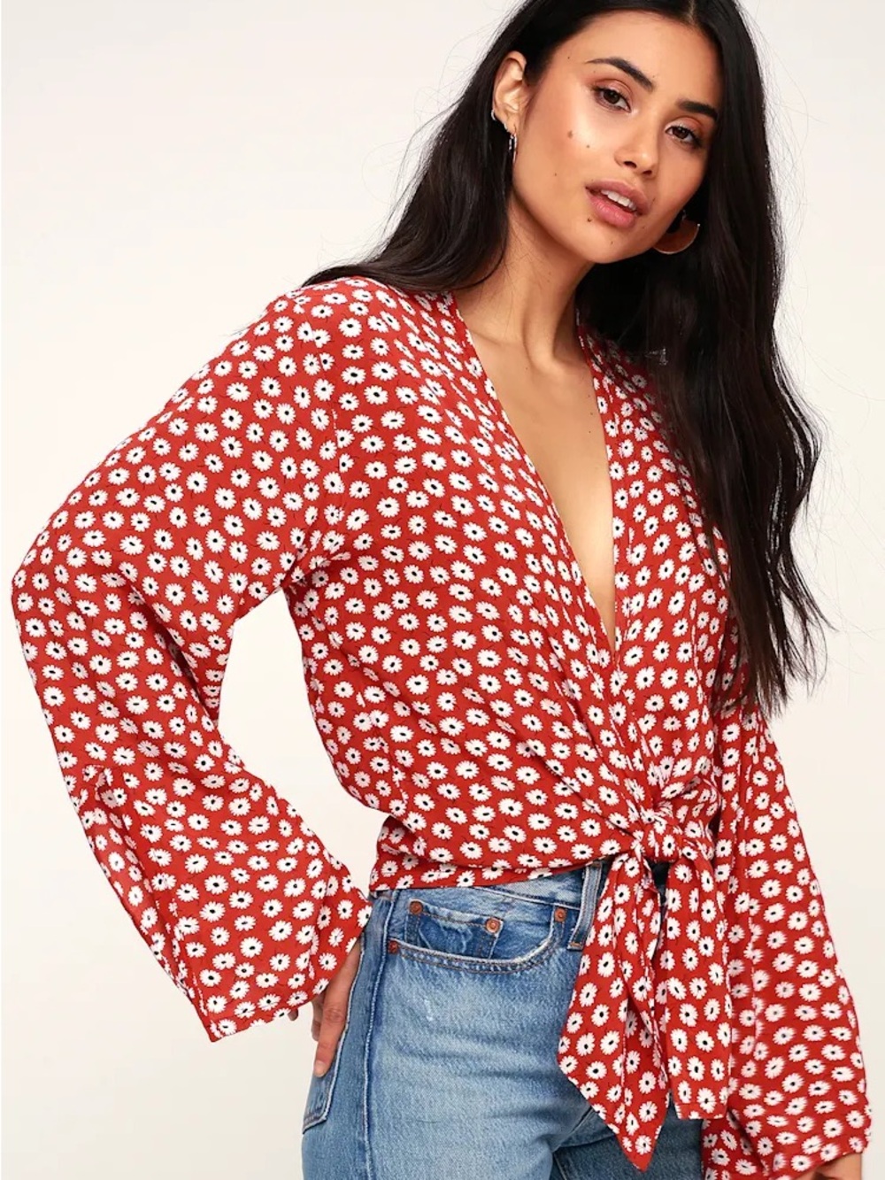 Faithfull the Brand Red Daisy Tie-Front Blouse
